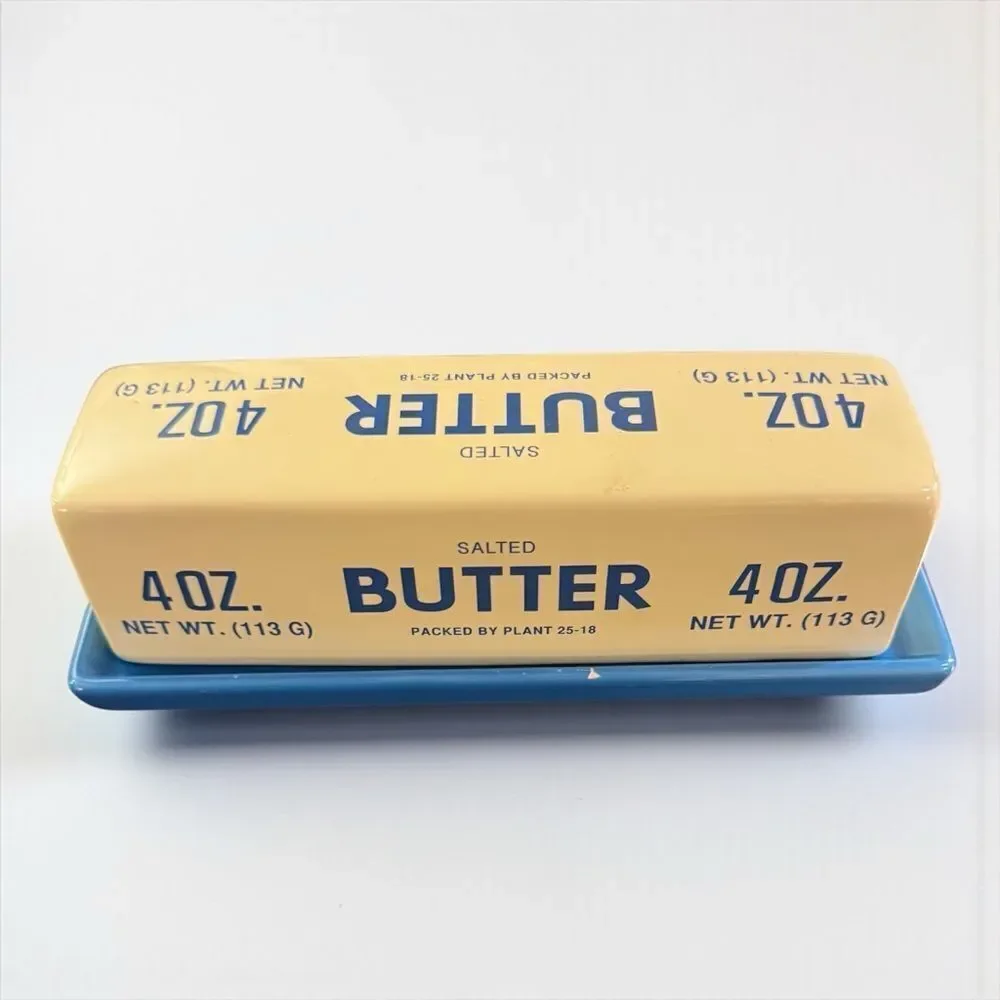 Ceramic Butter Dish with Yellow Butter Stick Design and Blue Base